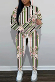 White Sportwear Casual Floral Print Hooded Long Sleeve Sweatshirt And Pants Two Pieces Jogger Sets