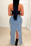 Blue Pocket Buttons High Slit Mid Waist Regular Denim Maxi Skirts