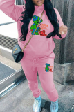 Grey Cartoon Letter Print Long Sleeve Fleece Hooded Sweatshirt and Drawstring Pants Sportwear Casual Two Pieces Sweatpant Set