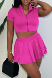 White Sportwear Casual Outing Zipper Collar Short Sleeve Crop Tops And Pleated Mini Skirt Two Pieces Dress Sets