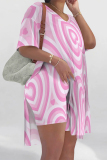 Purple Casual Love Print Slit Contrast V Neck Short Sleeve Oversize T-shirt And Shorts Two Pieces Shorts Sets
