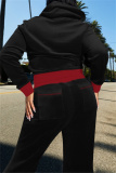 Black Casual Patchwork Hooded Long Sleeve Jackets And Flare Leg Sweatpants Sportwear Two Pieces Jogger Sets