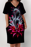 Rose Red African Girl Flowers Print V Neck Short Sleeve Pocket Casual Outing Plus Size T Shirt Midi Dress
