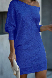 White Silver Sequin Evening Party Gown Oblique Collar Long Sleeve Mini Dresses