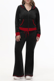 Black Casual Patchwork Hooded Long Sleeve Jackets And Flare Leg Sweatpants Sportwear Two Pieces Jogger Sets