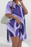 Purple Casual Love Print Slit Contrast V Neck Short Sleeve Oversize T-shirt And Shorts Two Pieces Shorts Sets