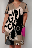 Yellow African Girl Print V Neck Short Sleeve Pocket Casual Outing Plus Size T Shirt Midi Dress