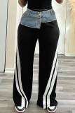 Grey with Denim Patchwork Casual Outing Pocket Buttons Zipper Loose Mid Waist Striped Wide Leg Sweatpants