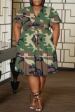 Green Casual Floral Print Belted V Neck Ruffle Sleeve Crop Tops And Pleated Midi Skirt Vacation Plus Size Two Pieces Dress Set