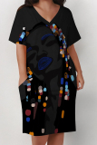 Rose Red African Girl Flowers Print V Neck Short Sleeve Pocket Casual Outing Plus Size T Shirt Midi Dress