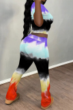 Multicolor Casual Street Stripe Splashed ink Print O Neck Short Sleeve Crop T-shirt And Flare Leg Pants Two Pieces Trouser Sets
