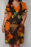 Brown African Girl Flower Print V Neck Short Sleeve Casual Outing Plus Size T Shirt Midi Dress with Pockets