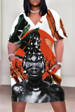 Brown African Girl Flower Print V Neck Short Sleeve Casual Outing Plus Size T Shirt Midi Dress with Pockets