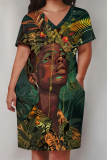 Brown African Girl Flower Print V Neck Short Sleeve Casual Outing Plus Size T Shirt Midi Dress with Pockets