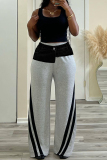 Grey with Denim Patchwork Casual Outing Pocket Buttons Zipper Loose Mid Waist Striped Wide Leg Sweatpants