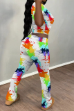 Multicolor Casual Street Stripe Splashed ink Print O Neck Short Sleeve Crop T-shirt And Flare Leg Pants Two Pieces Trouser Sets