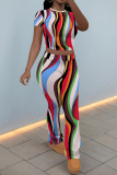 Multicolor Casual Street Stripe Splashed ink Print O Neck Short Sleeve Crop T-shirt And Flare Leg Pants Two Pieces Trouser Sets