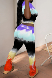 Multicolor Casual Street Stripe Splashed ink Print O Neck Short Sleeve Crop T-shirt And Flare Leg Pants Two Pieces Trouser Sets
