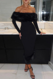 Black Formal Evening Party Prom Gown Backless Fluffy Trim Off Shoulder and Hem Long Sleeve Bodycon Maxi Dresses