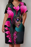 Rose Red African Girl Flowers Print V Neck Short Sleeve Pocket Casual Outing Plus Size T Shirt Midi Dress