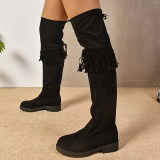 Black Casual Fringed Trim Round Keep Suede Women's Over-the-Knee Boots