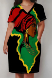 Rose Red African Girl Flowers Print V Neck Short Sleeve Pocket Casual Outing Plus Size T Shirt Midi Dress