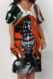 Brown African Girl Flower Print V Neck Short Sleeve Casual Outing Plus Size T Shirt Midi Dress with Pockets