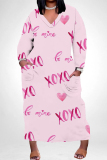 Rose Red Casual Graffiti Heart Shaped Lips Print O Neck Long Sleeve Straight Loose Vacation Plus Size Maxi Dresses