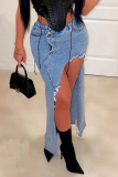 Blue Pocket Buttons High Slit Mid Waist Regular Denim Maxi Skirts