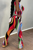 Multicolor Casual Street Stripe Splashed ink Print O Neck Short Sleeve Crop T-shirt And Flare Leg Pants Two Pieces Trouser Sets