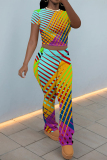Multicolor Casual Street Stripe Splashed ink Print O Neck Short Sleeve Crop T-shirt And Flare Leg Pants Two Pieces Trouser Sets