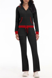 Black Casual Patchwork Hooded Long Sleeve Jackets And Flare Leg Sweatpants Sportwear Two Pieces Jogger Sets