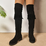 Black Casual Fringed Trim Round Keep Suede Women's Over-the-Knee Boots