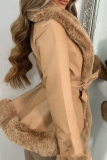 Black Patchwork Strap Design Cardigan Collar Long Sleeve Faux Fur Belted PU Leather Jackets