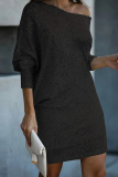 White Silver Sequin Evening Party Gown Oblique Collar Long Sleeve Mini Dresses