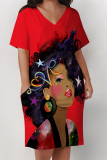 Yellow African Girl Print V Neck Short Sleeve Pocket Casual Outing Plus Size T Shirt Midi Dress