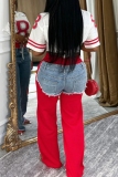 White Casual Outing High Waist Patchwork Denim Jeans
