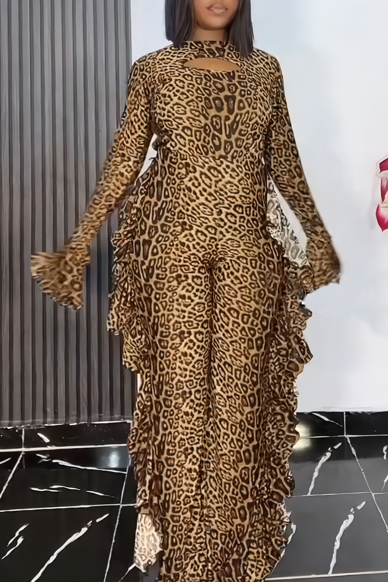 Women's Leopard Print Square Neck Long Sleeve Flared Fashion Jumpsuit