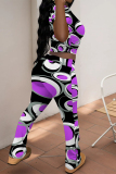 Multicolor Casual Street Stripe Splashed ink Print O Neck Short Sleeve Crop T-shirt And Flare Leg Pants Two Pieces Trouser Sets