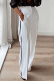 White Formal Office Casual Striped Print Pocket Buttons Patchwork Loose High Waist Straight Pants