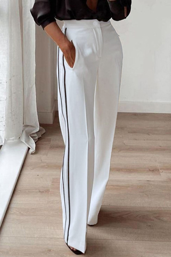 White Formal Office Casual Striped Print Pocket Buttons Patchwork Loose High Waist Straight Pants