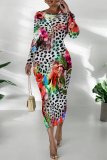 Casual Outing Snakeskin Leopard Print O Neck Long Sleeve Bodycon Maxi Dress