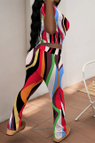 Multicolor Casual Street Stripe Splashed ink Print O Neck Short Sleeve Crop T-shirt And Flare Leg Pants Two Pieces Trouser Sets