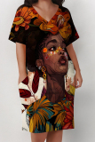 Brown African Girl Flower Print V Neck Short Sleeve Casual Outing Plus Size T Shirt Midi Dress with Pockets