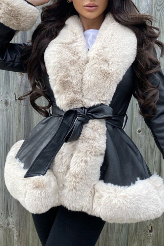 Black Patchwork Strap Design Cardigan Collar Long Sleeve Faux Fur Belted PU Leather Jackets
