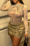 Apricot Graphics Print Patchwork See-Through O Neck Mesh Long Sleeve Tops