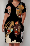 Yellow African Girl Print V Neck Short Sleeve Pocket Casual Outing Plus Size T Shirt Midi Dress