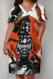 Brown African Girl Flower Print V Neck Short Sleeve Casual Outing Plus Size T Shirt Midi Dress with Pockets