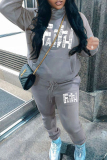 Grey Letter Print Long Sleeve Hooded Sweatshirt And Drawstring Pants Sportwear Casual Two Pieces Sweatpant Set