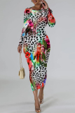 Casual Outing Snakeskin Leopard Print O Neck Long Sleeve Bodycon Maxi Dress